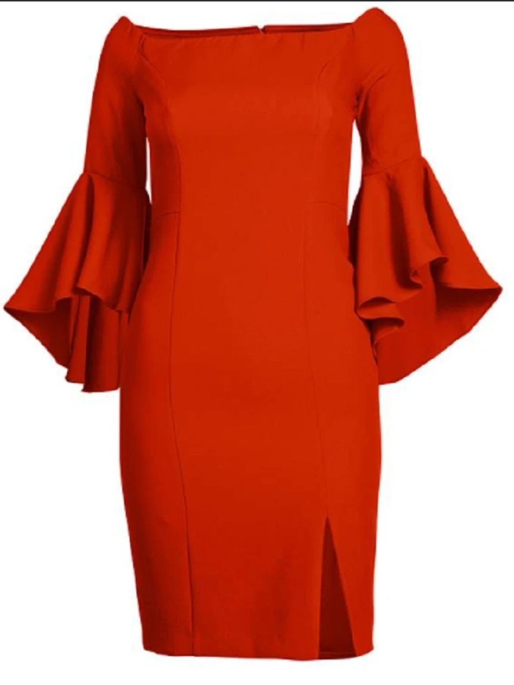 Venus Red Bell-Sleeve Sheath Dress Size 10 Off Shoulder Midi